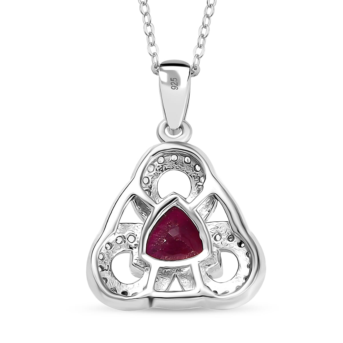 African Ruby & White Zircon Pendant with Chain (Size - 20) in Rhodium Overlay Sterling Silver 2.09 Ct.
