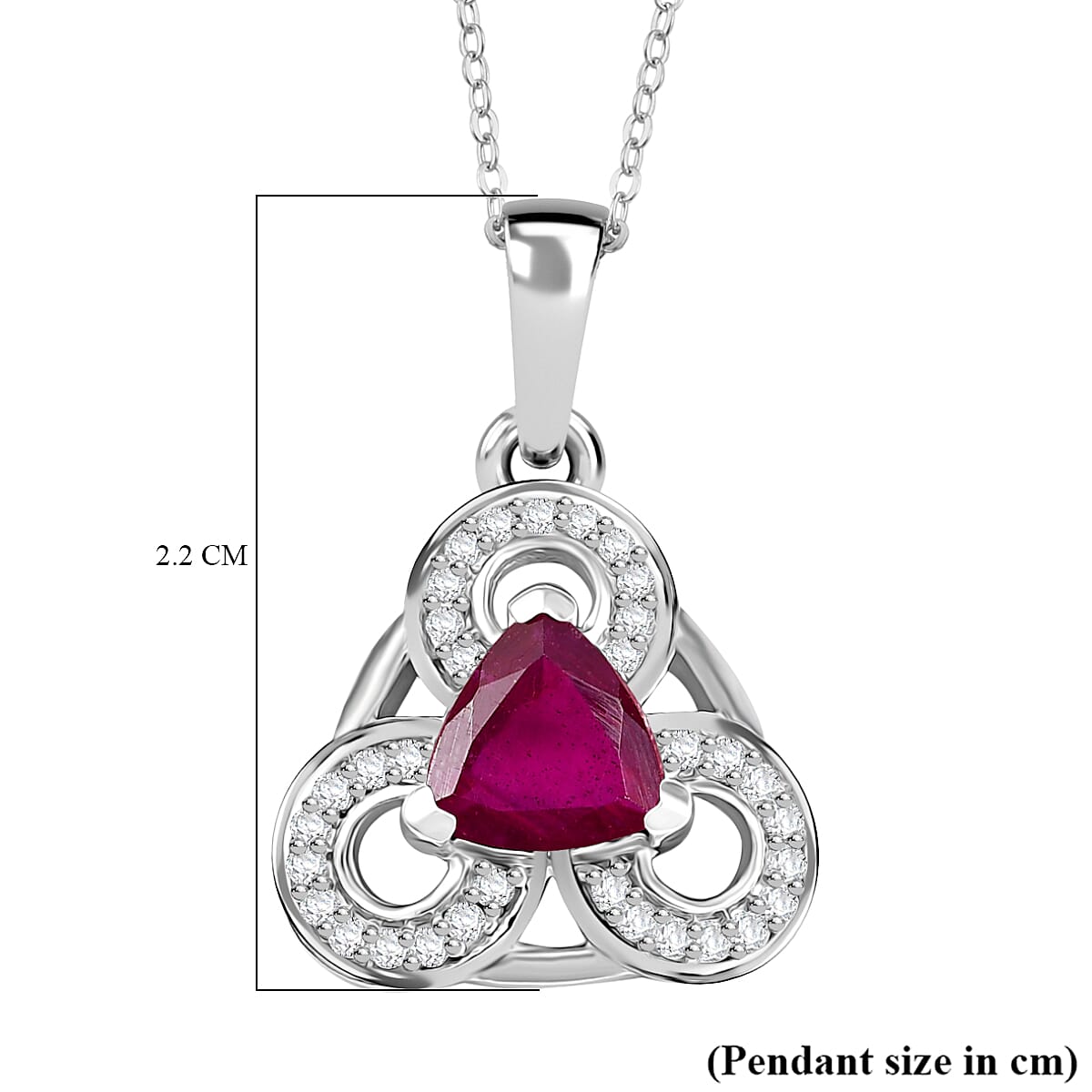 African Ruby & White Zircon Pendant with Chain (Size - 20) in Rhodium Overlay Sterling Silver 2.09 Ct.