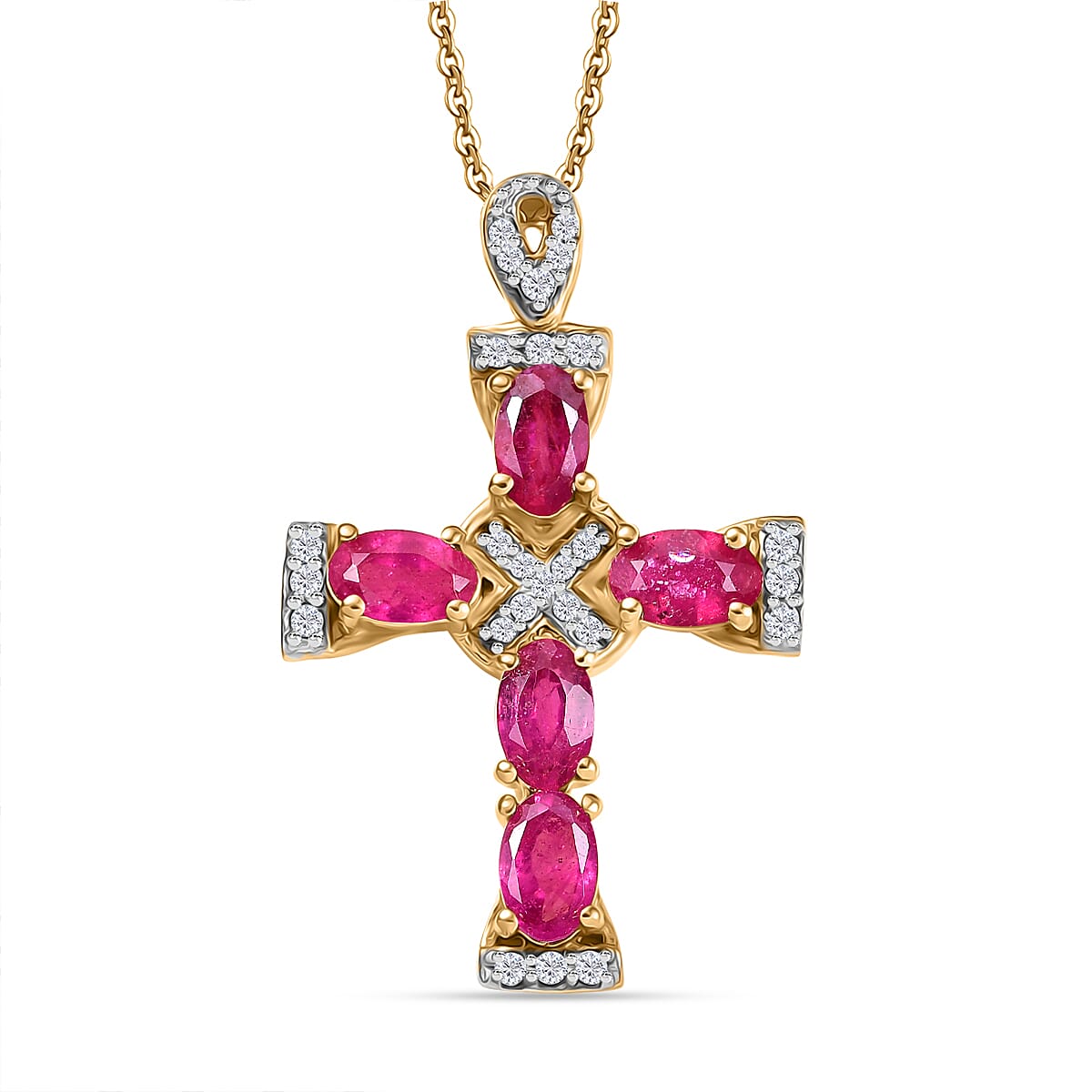 African Ruby & White Zircon Cross Rolo Pendant with Chain (Size - 20) in 18K Vermeil Yellow Gold Plated Sterling Silver 2.02 Ct.