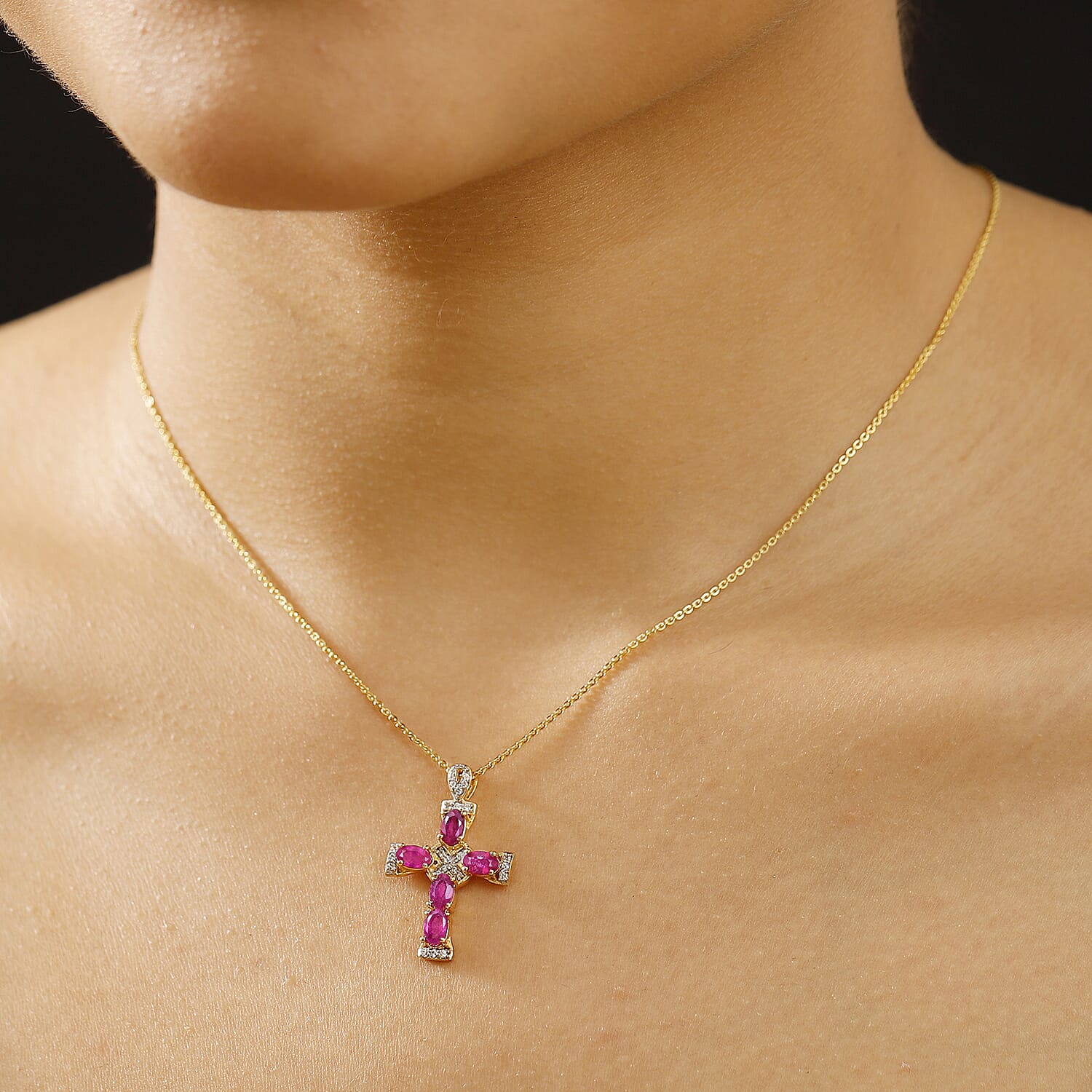 African Ruby & White Zircon Cross Rolo Pendant with Chain (Size - 20) in 18K Vermeil Yellow Gold Plated Sterling Silver 2.02 Ct.