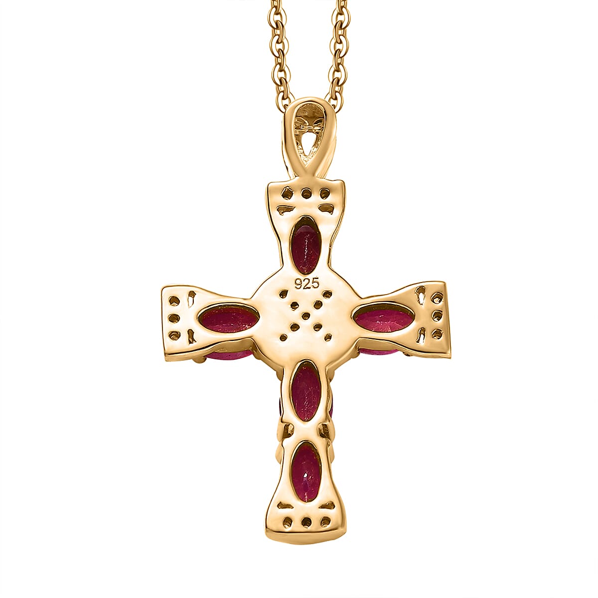 African Ruby & White Zircon Cross Rolo Pendant with Chain (Size - 20) in 18K Vermeil Yellow Gold Plated Sterling Silver 2.02 Ct.