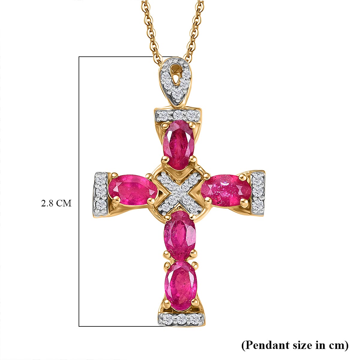 African Ruby & White Zircon Cross Rolo Pendant with Chain (Size - 20) in 18K Vermeil Yellow Gold Plated Sterling Silver 2.02 Ct.