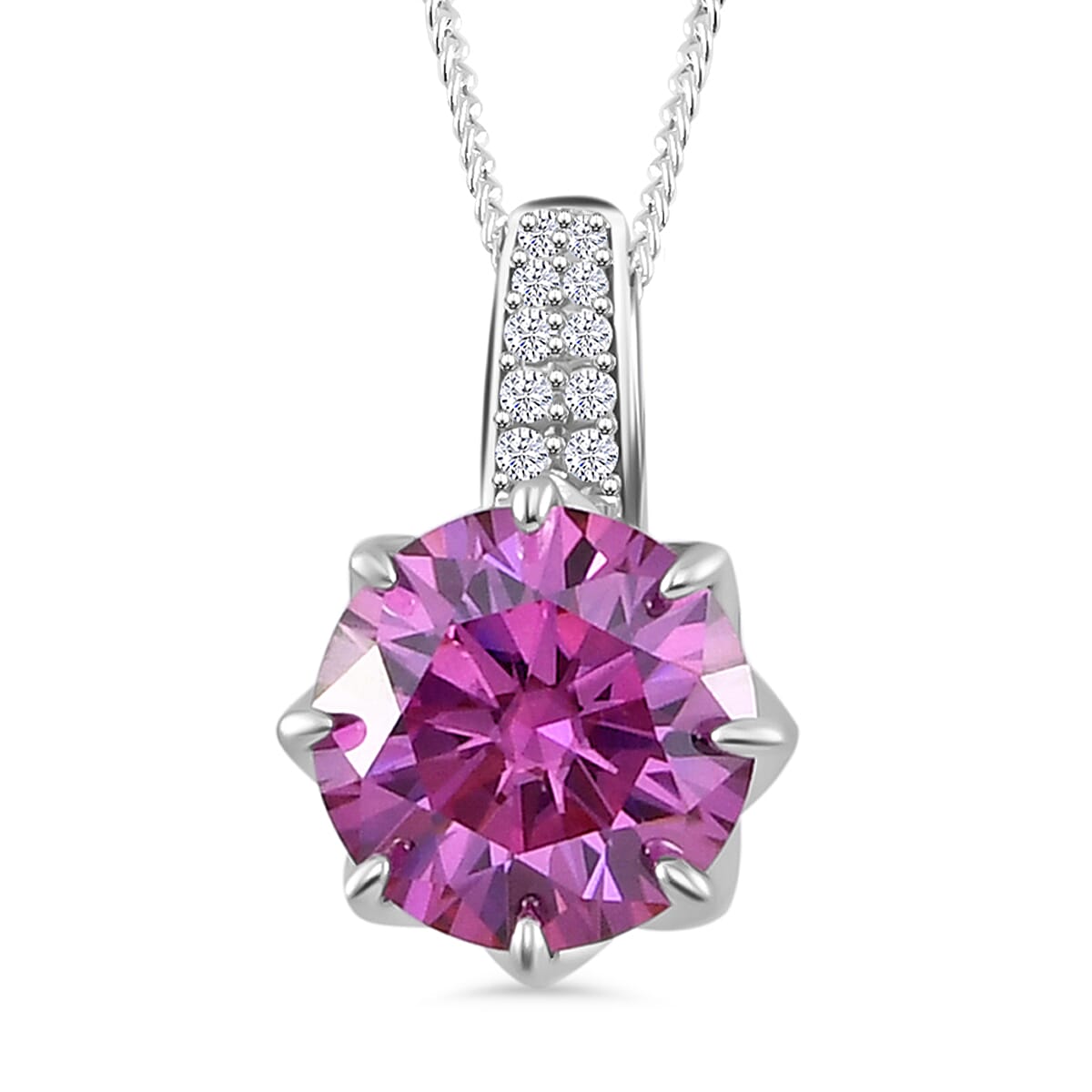 Pink Lotus Moissanite Pendant with Chain (Size - 18) in Rhodium Overlay Sterling Silver 2.82 Ct.