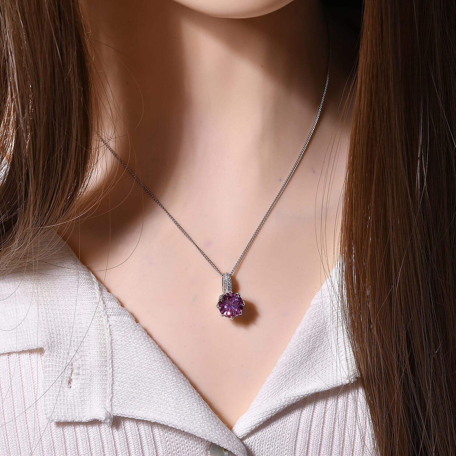 Pink Lotus Moissanite Pendant with Chain (Size - 18) in Rhodium Overlay Sterling Silver 2.82 Ct.