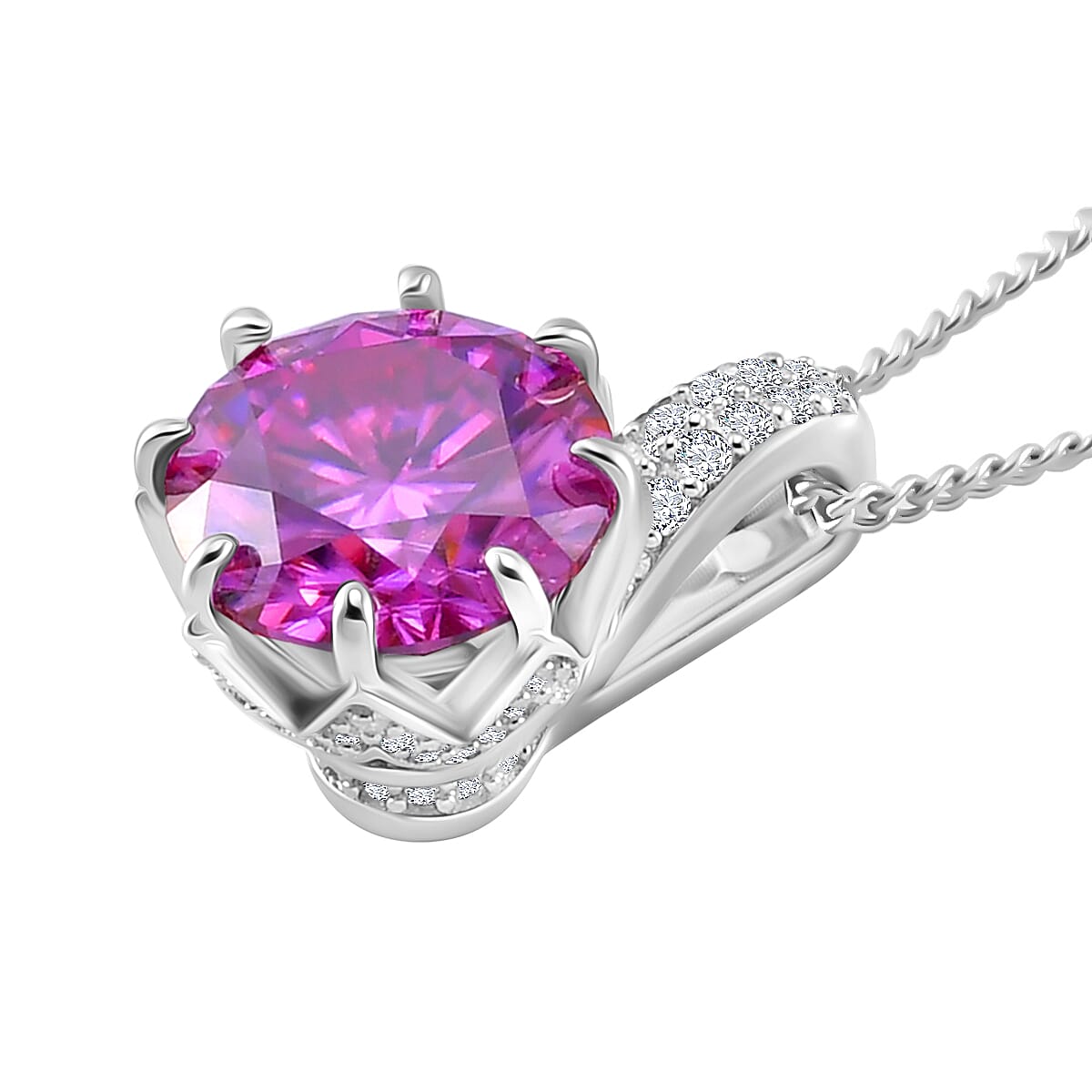 Pink Lotus Moissanite Pendant with Chain (Size - 18) in Rhodium Overlay Sterling Silver 2.82 Ct.