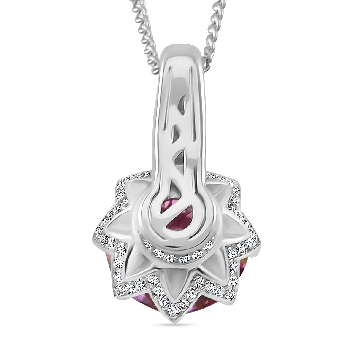 Pink Lotus Moissanite Pendant with Chain (Size - 18) in Rhodium Overlay Sterling Silver 2.82 Ct.