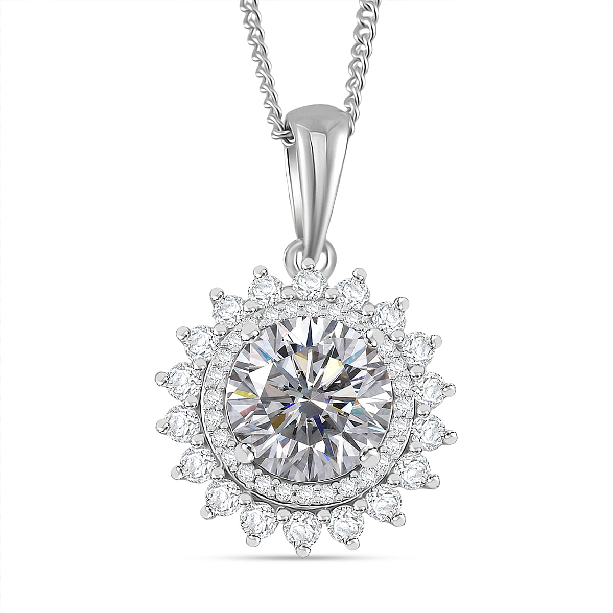 GRA Certified D-VVS1 Moissanite Pendant with Chain (Size - 18) in Rhodium Overlay Sterling Silver 2.31 Ct.
