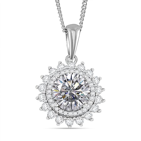 RADIANTA GRA Certified Moissanite Double Halo Pendant with Chain (Size - 18) in Rhodium Overlay Sterling Silver 2.31 Ct. (D-VVS1)
