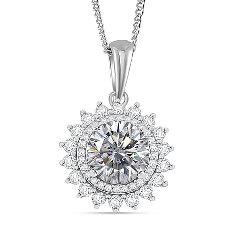 GRA Certified D-VVS1 Moissanite Pendant with Chain (Size - 18) in Rhodium Overlay Sterling Silver 2.31 Ct.