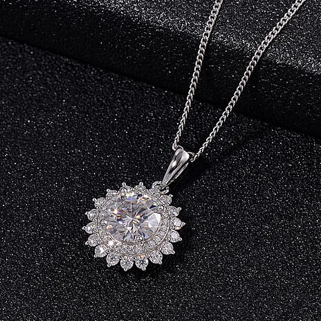 GRA Certified D-VVS1 Moissanite Pendant with Chain (Size - 18) in Rhodium Overlay Sterling Silver 2.31 Ct.