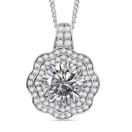 Moissanite Pendant with Chain (Size - 18) in Rhodium Overlay Sterling Silver 3.98 Ct.