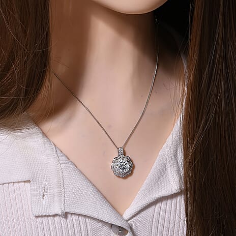 Moissanite Pendant with Chain (Size - 18) in Rhodium Overlay Sterling Silver 3.98 Ct.
