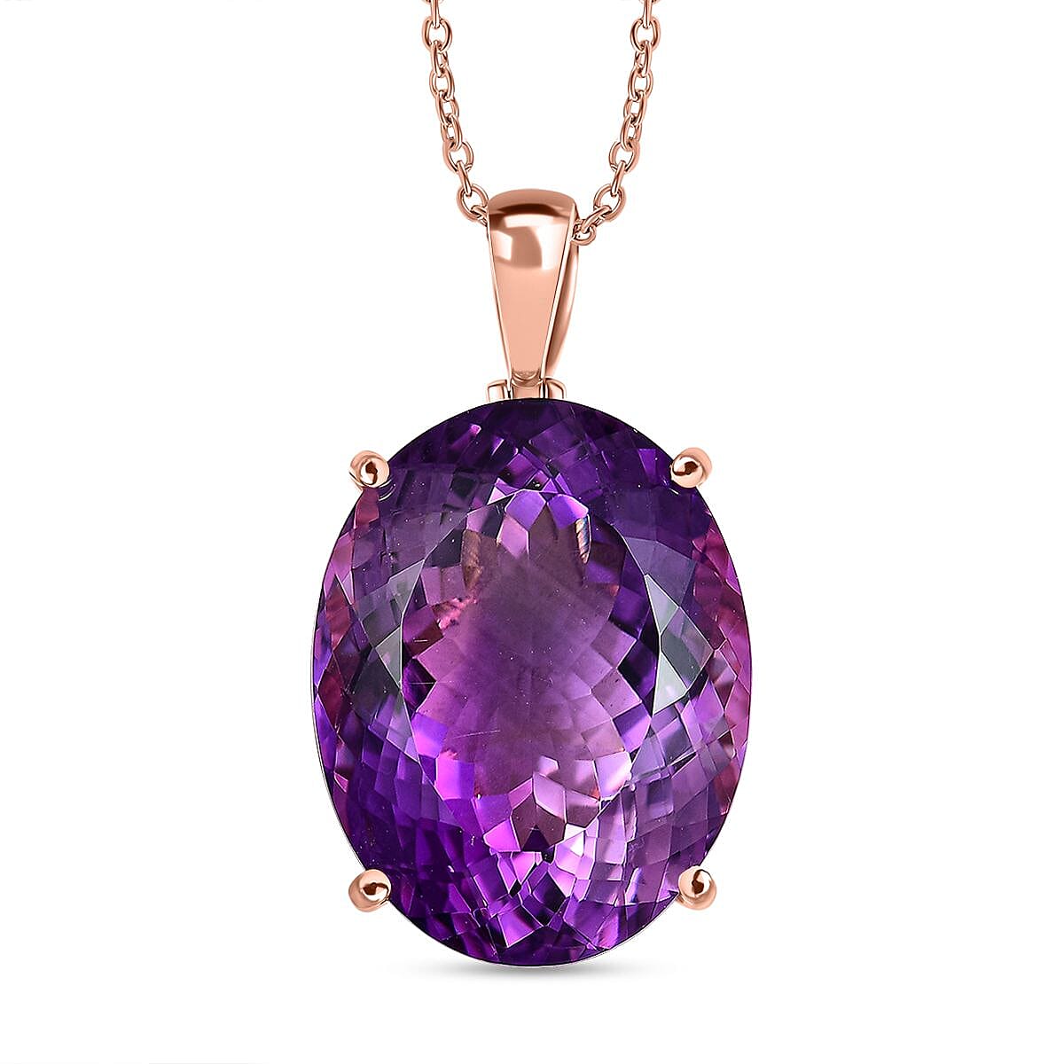 AAA Rose De France Amethyst Pendant with Chain (Size - 20) in 18K Vermeil Rose Gold Plated Sterling Silver 50.00 Ct, Silver Wt. 8.10 Gms.
