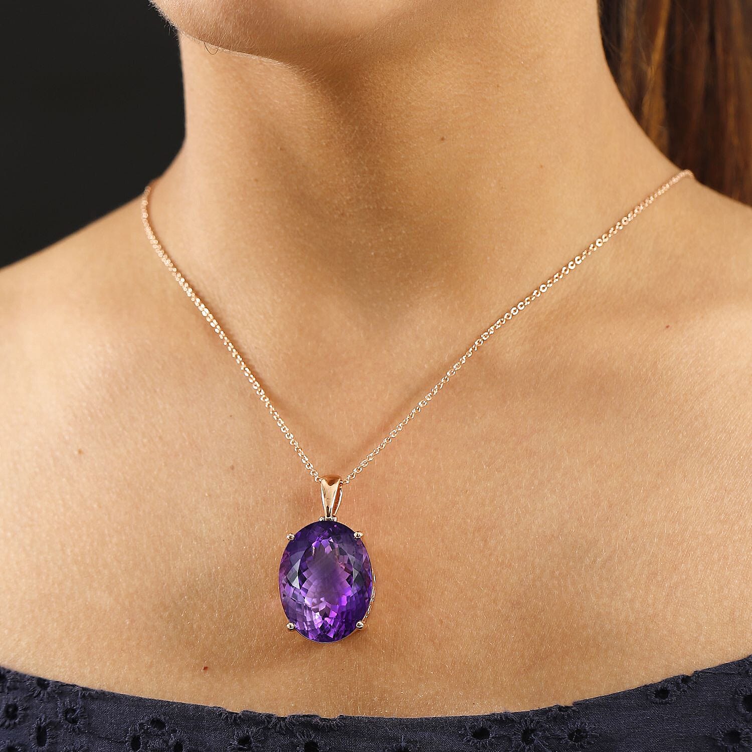 AAA Rose De France Amethyst Pendant with Chain (Size - 20) in 18K Vermeil Rose Gold Plated Sterling Silver 50.00 Ct, Silver Wt. 8.10 Gms.