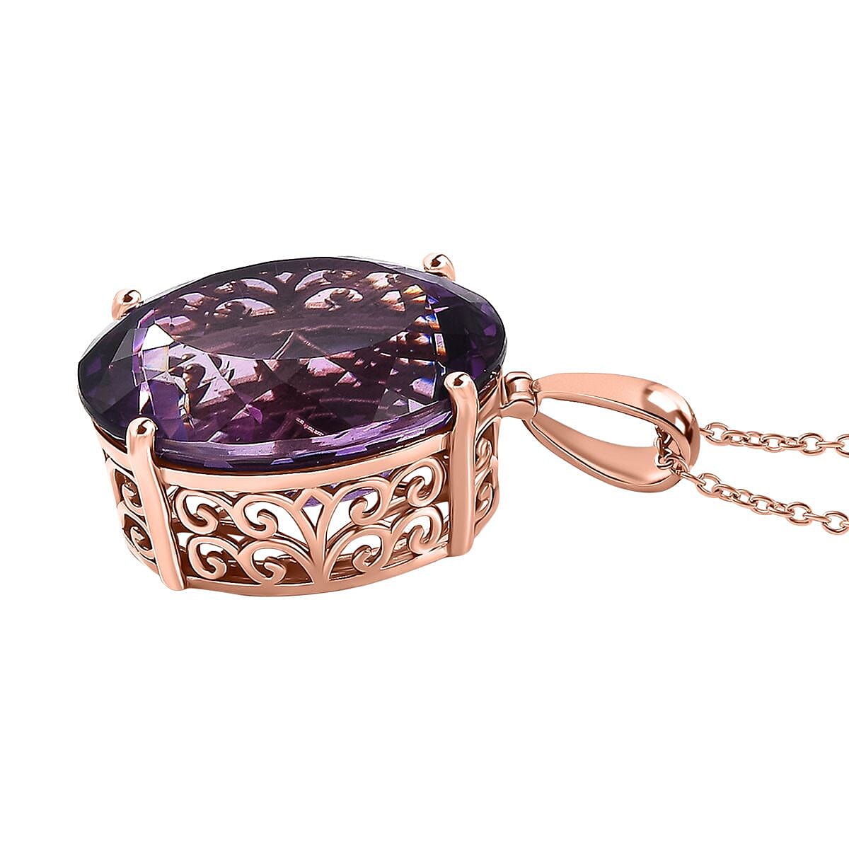 AAA Rose De France Amethyst Pendant with Chain (Size - 20) in 18K Vermeil Rose Gold Plated Sterling Silver 50.00 Ct, Silver Wt. 8.10 Gms.