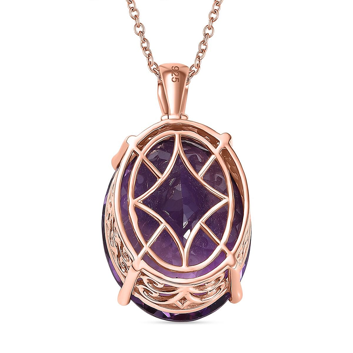 AAA Rose De France Amethyst Pendant with Chain (Size - 20) in 18K Vermeil Rose Gold Plated Sterling Silver 50.00 Ct, Silver Wt. 8.10 Gms.