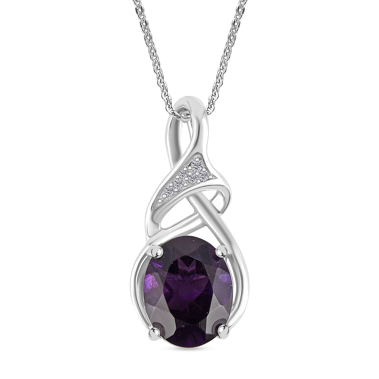 AAA African Amethyst & White Zircon Pendant with Chain (Size - 20) in Rhodium Overlay Sterling Silver 2.52 Ct.