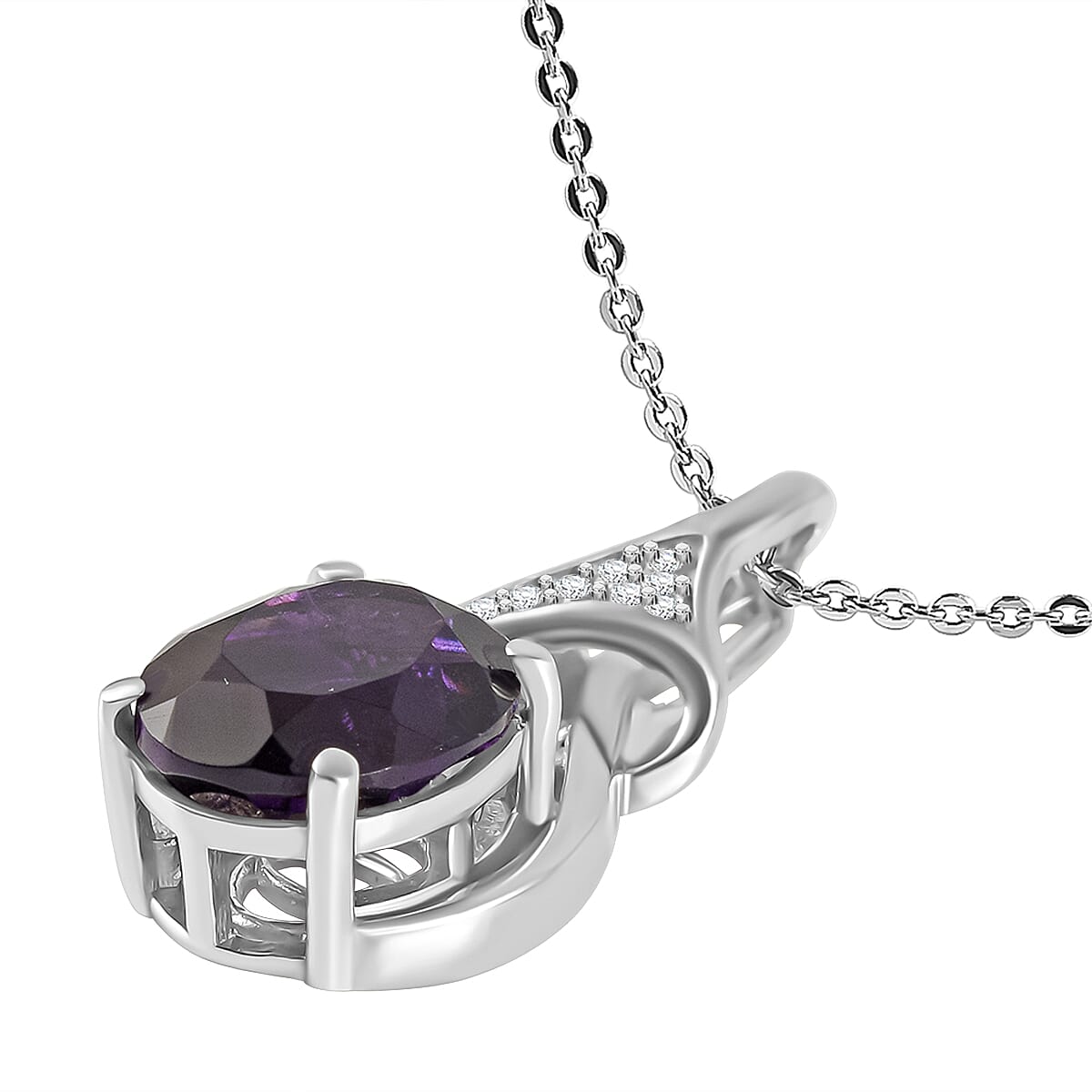 AAA African Amethyst & White Zircon Pendant with Chain (Size - 20) in Rhodium Overlay Sterling Silver 2.52 Ct.