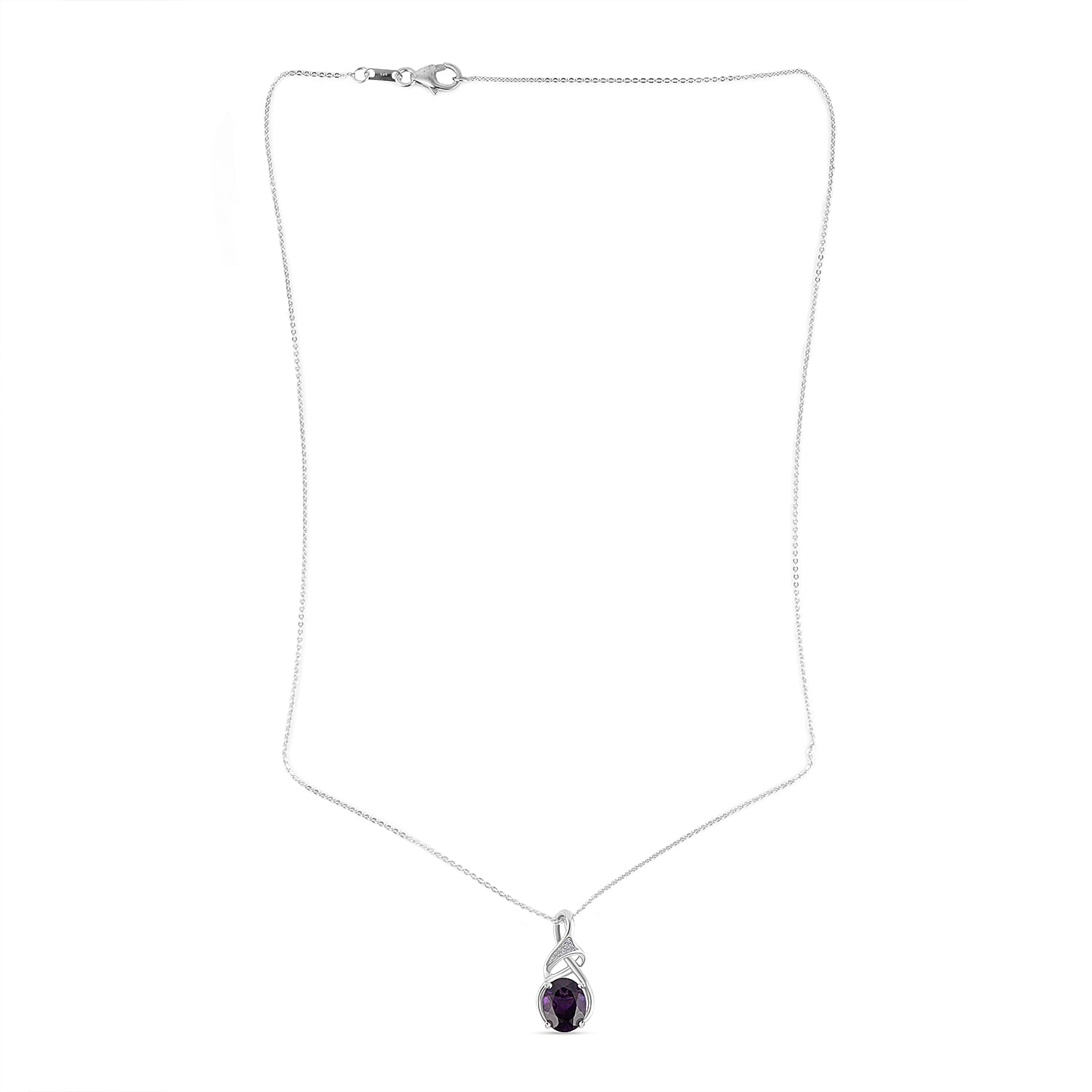 AAA African Amethyst & White Zircon Pendant with Chain (Size - 20) in Rhodium Overlay Sterling Silver 2.52 Ct.