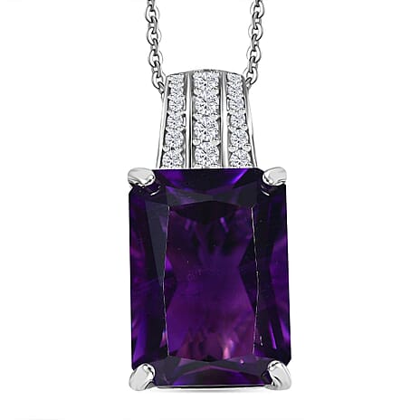 AAA African Amethyst & White Zircon Pendant with Chain (Size - 20) in Rhodium Overlay Sterling Silver 15.45 Ct.