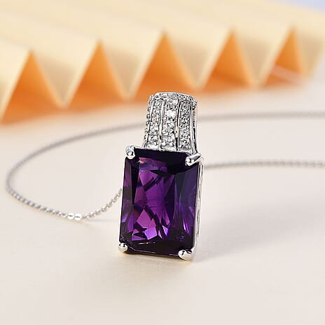 AAA African Amethyst & White Zircon Pendant with Chain (Size - 20) in Rhodium Overlay Sterling Silver 15.45 Ct.