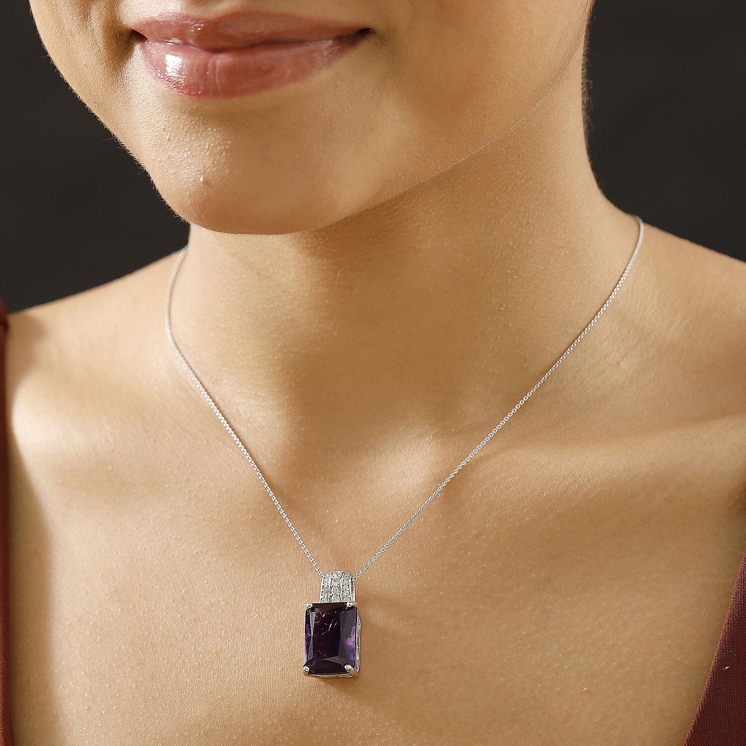AAA African Amethyst & White Zircon Pendant with Chain (Size - 20) in Rhodium Overlay Sterling Silver 15.45 Ct.