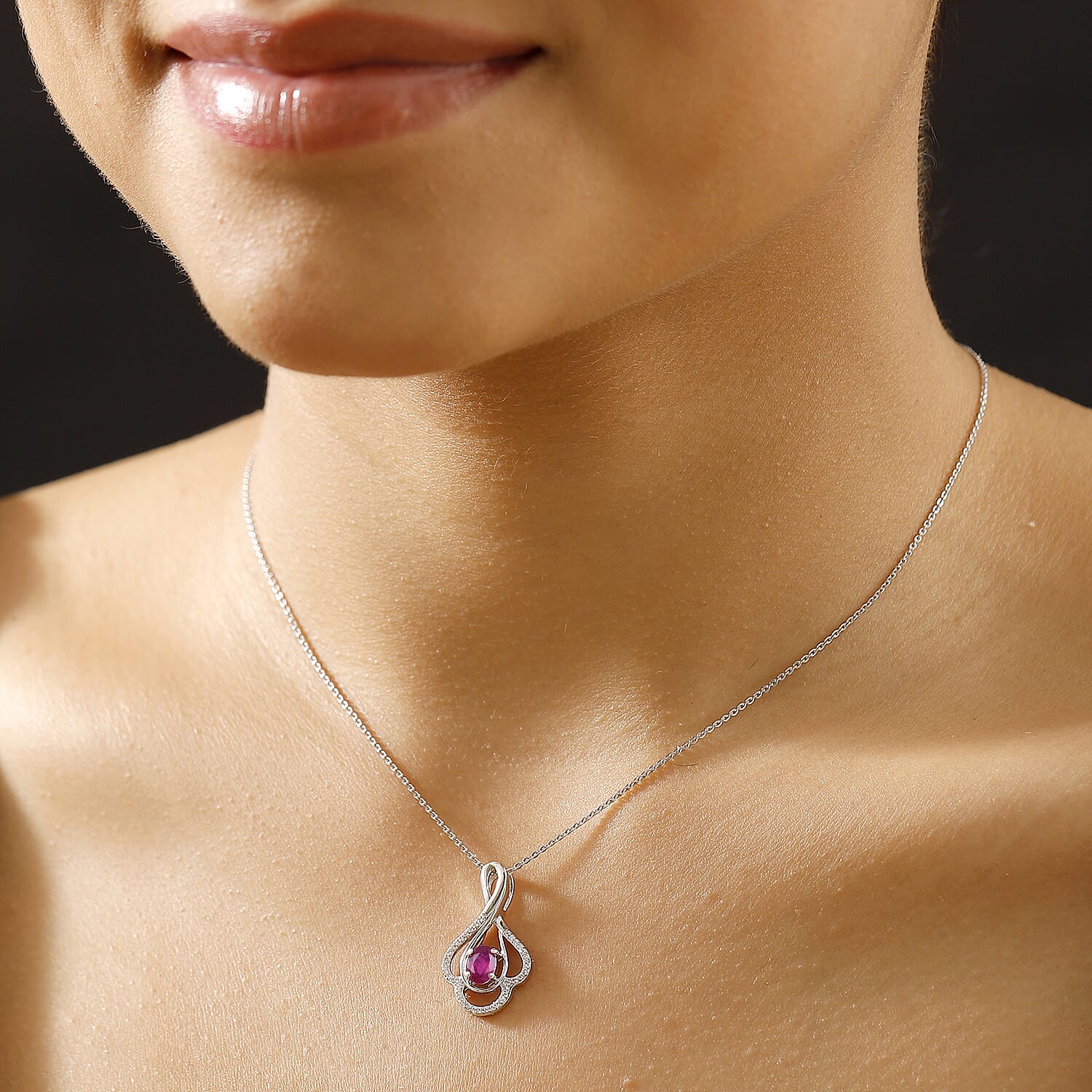 African Ruby & White Zircon Pendant with Chain (Size - 20) in Rhodium Overlay Sterling Silver 0.865ct