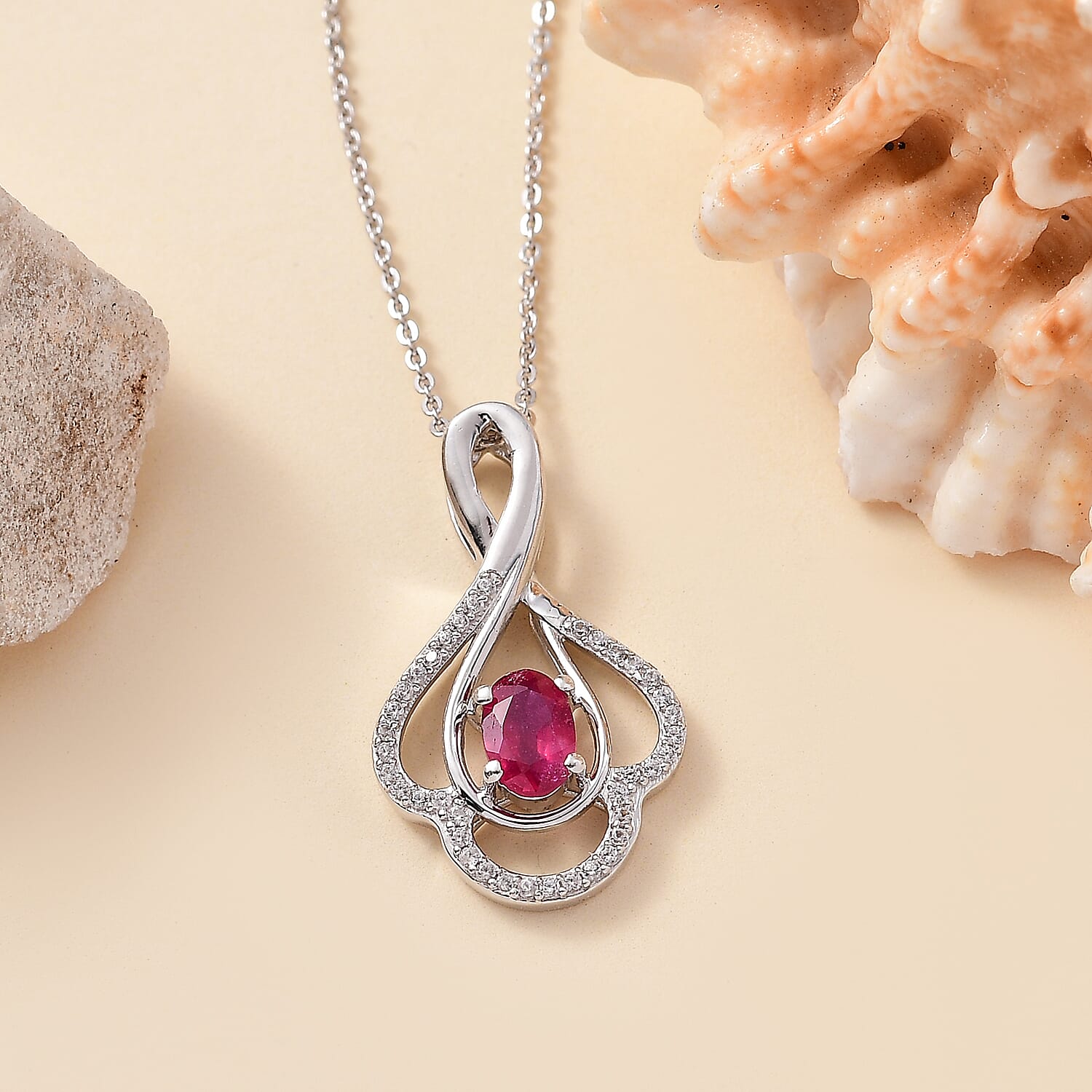 African Ruby & White Zircon Pendant with Chain (Size - 20) in Rhodium Overlay Sterling Silver 0.865ct