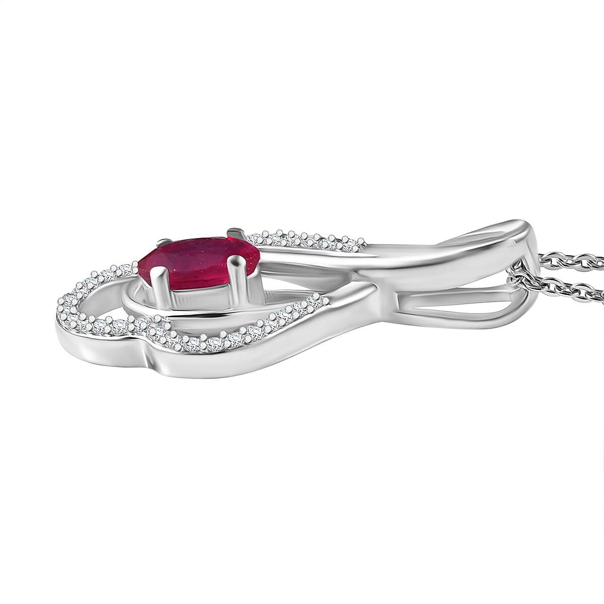 African Ruby & White Zircon Pendant with Chain (Size - 20) in Rhodium Overlay Sterling Silver 0.865ct