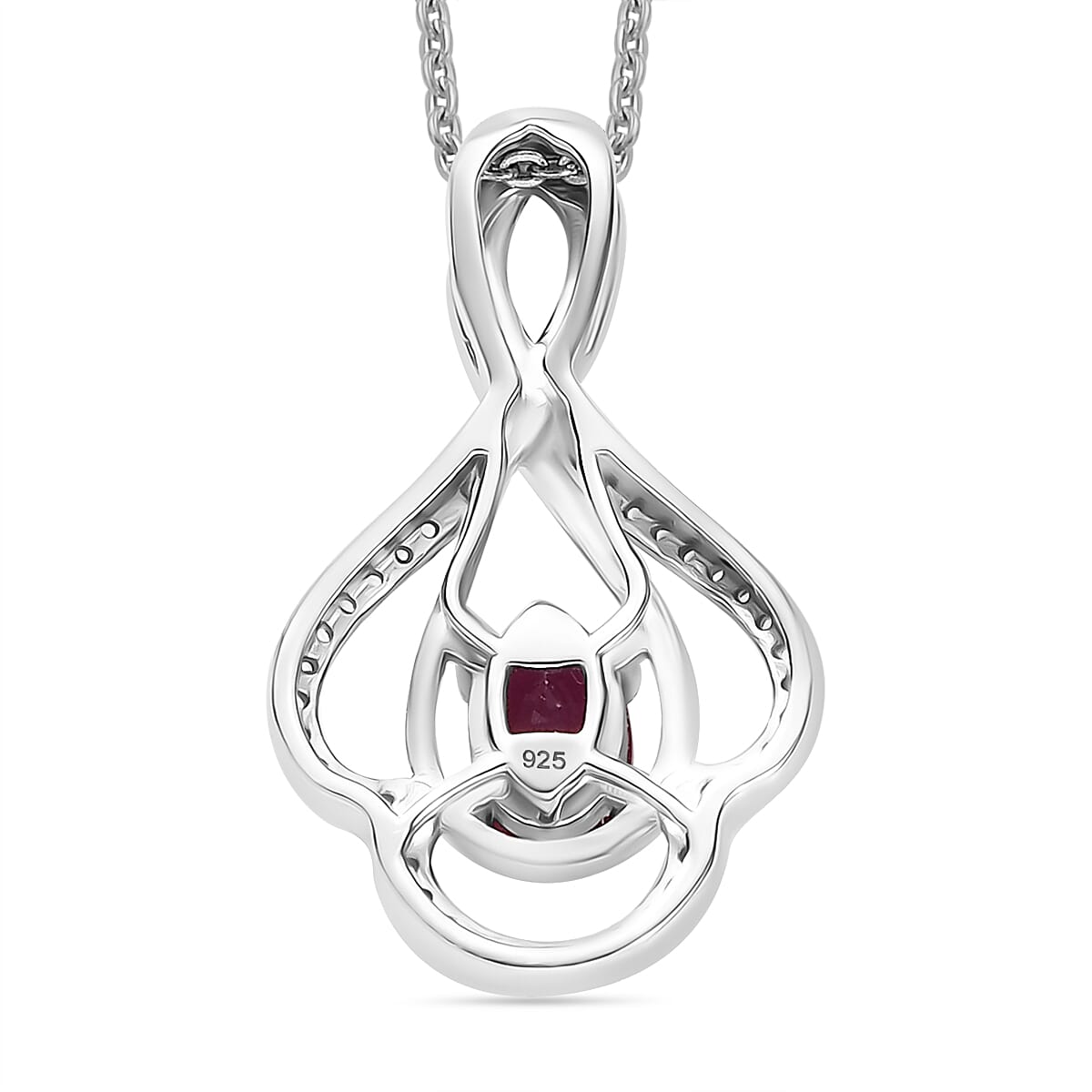 African Ruby & White Zircon Pendant with Chain (Size - 20) in Rhodium Overlay Sterling Silver 0.865ct