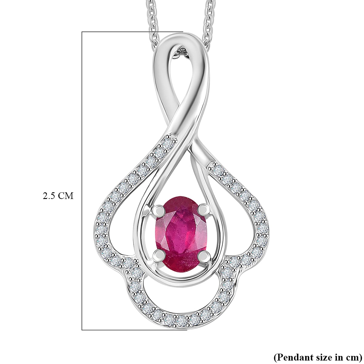 African Ruby & White Zircon Pendant with Chain (Size - 20) in Rhodium Overlay Sterling Silver 0.865ct