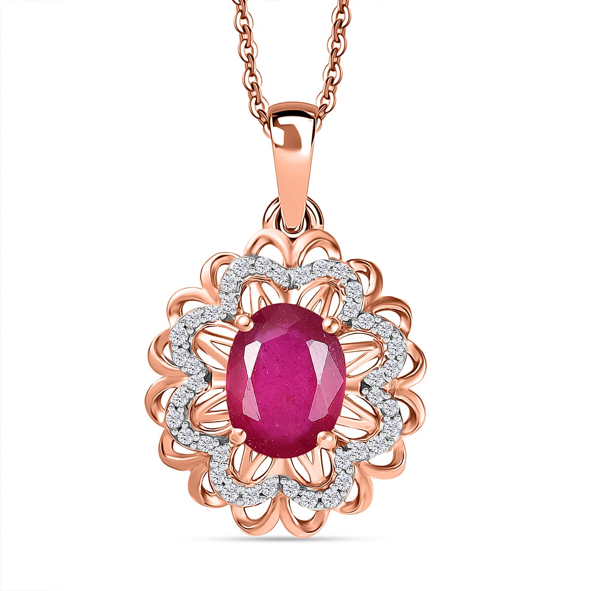 African Ruby & White Zircon Pendant with Chain (Size - 20) in 18K Vermeil Rose Gold Plated Sterling Silver 2.60 Ct.