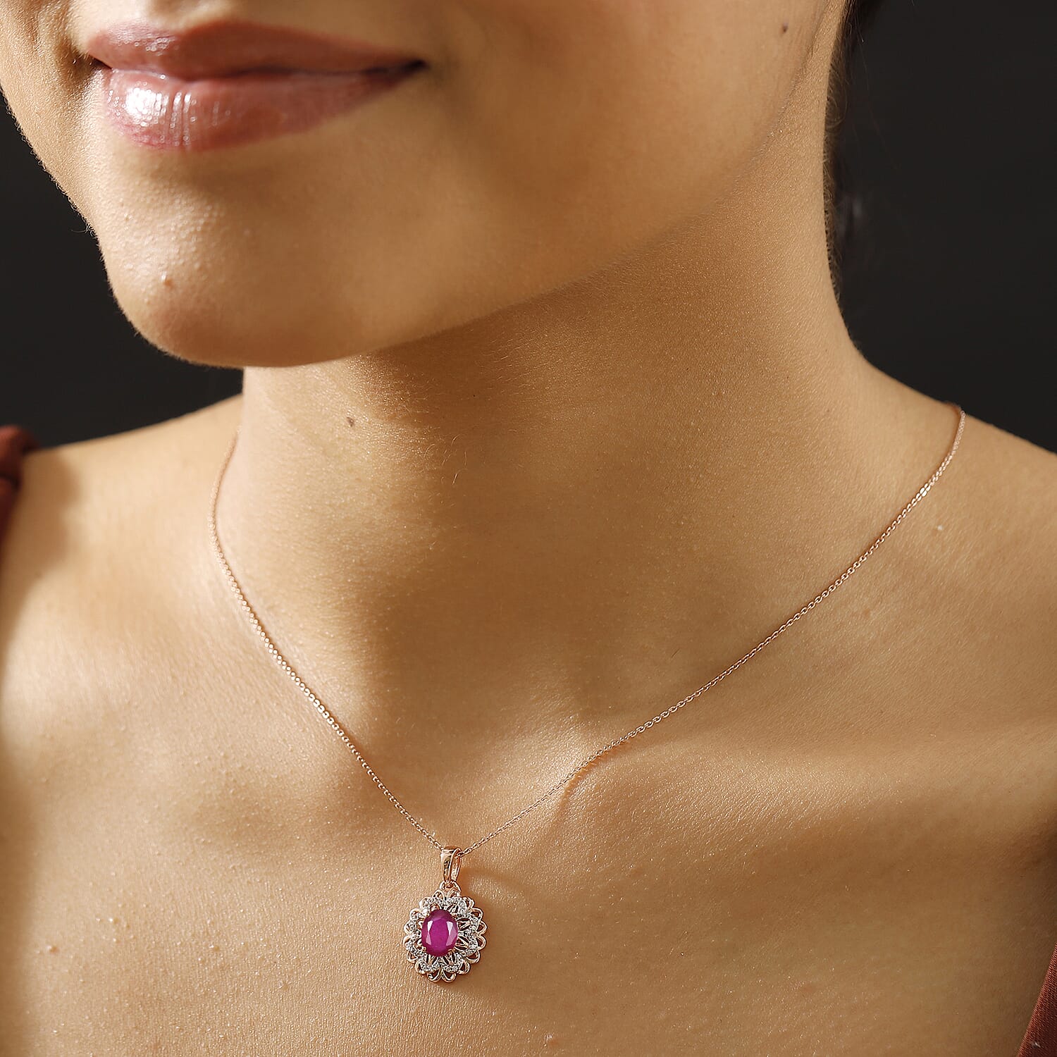 African Ruby & White Zircon Pendant with Chain (Size - 20) in 18K Vermeil Rose Gold Plated Sterling Silver 2.60 Ct.