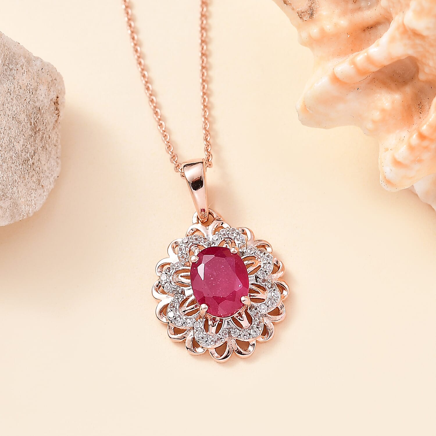 African Ruby & White Zircon Pendant with Chain (Size - 20) in 18K Vermeil Rose Gold Plated Sterling Silver 2.60 Ct.