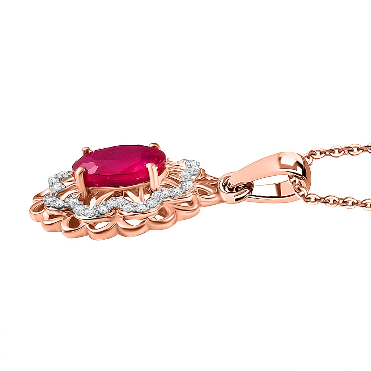 African Ruby & White Zircon Pendant with Chain (Size - 20) in 18K Vermeil Rose Gold Plated Sterling Silver 2.60 Ct.