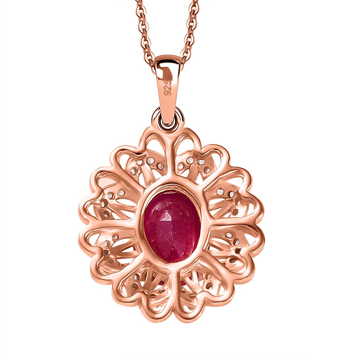 African Ruby & White Zircon Pendant with Chain (Size - 20) in 18K Vermeil Rose Gold Plated Sterling Silver 2.60 Ct.