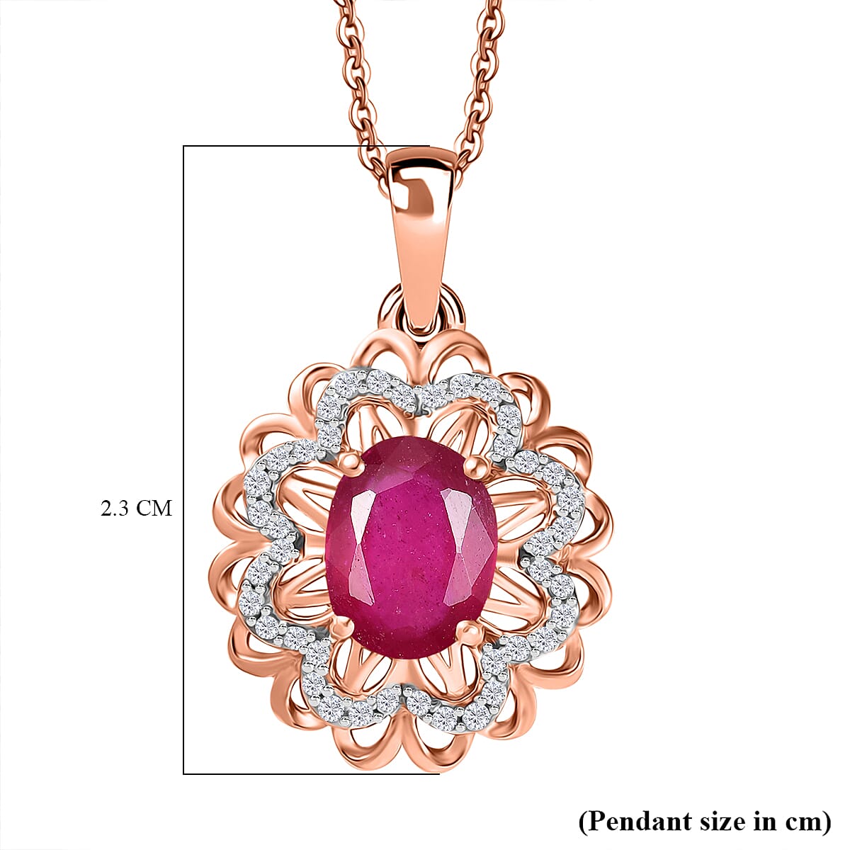 African Ruby & White Zircon Pendant with Chain (Size - 20) in 18K Vermeil Rose Gold Plated Sterling Silver 2.60 Ct.