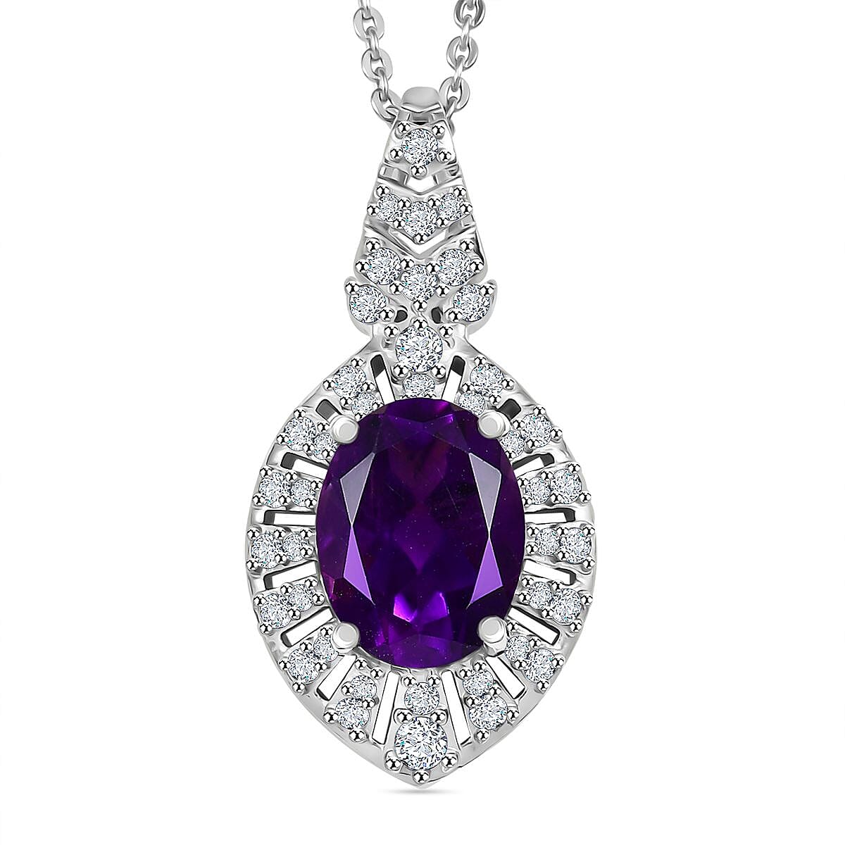 AAA African Amethyst & White Zircon Pendant with Chain (Size - 20) in Rhodium Overlay Sterling Silver 2.10 Ct.