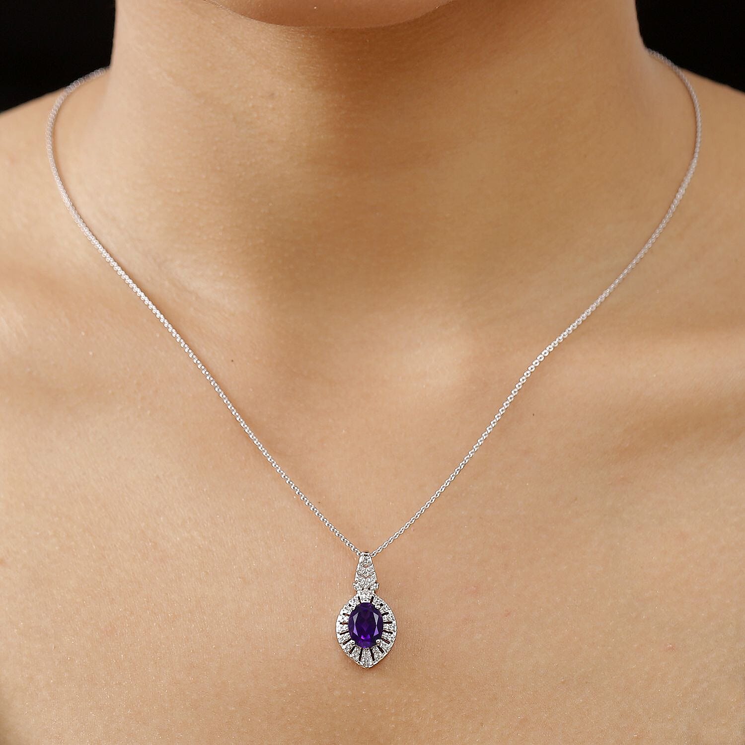 AAA African Amethyst & White Zircon Pendant with Chain (Size - 20) in Rhodium Overlay Sterling Silver 2.10 Ct.