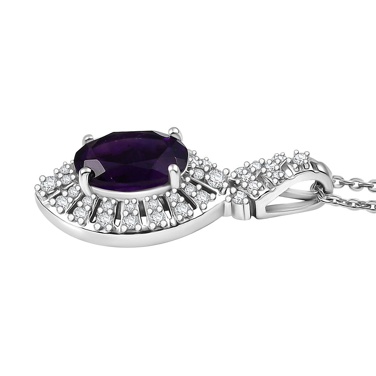AAA African Amethyst & White Zircon Pendant with Chain (Size - 20) in Rhodium Overlay Sterling Silver 2.10 Ct.