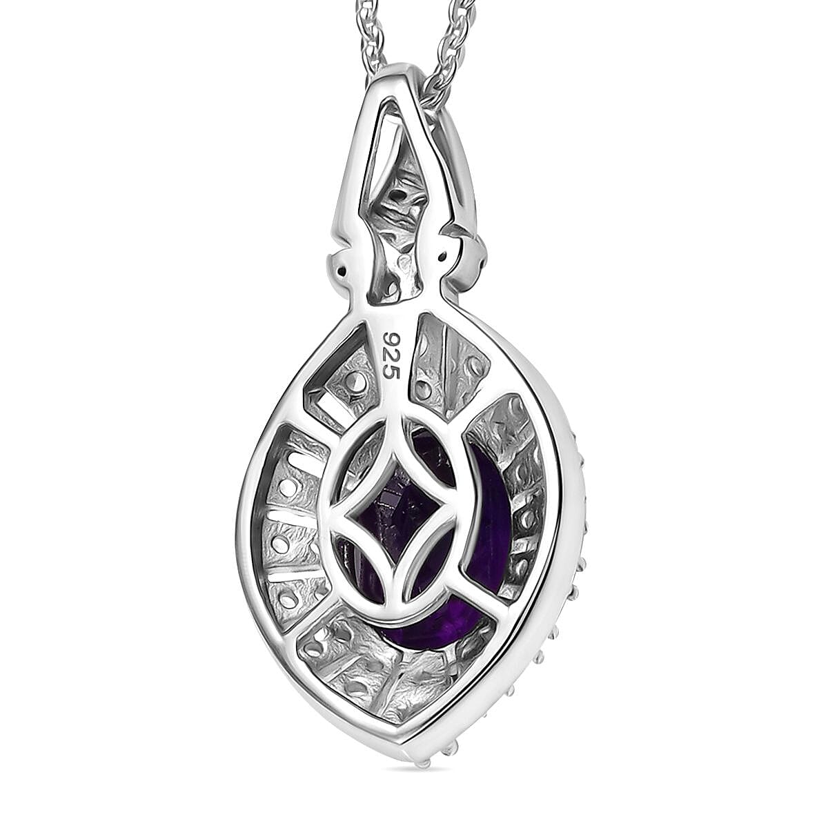 AAA African Amethyst & White Zircon Pendant with Chain (Size - 20) in Rhodium Overlay Sterling Silver 2.10 Ct.