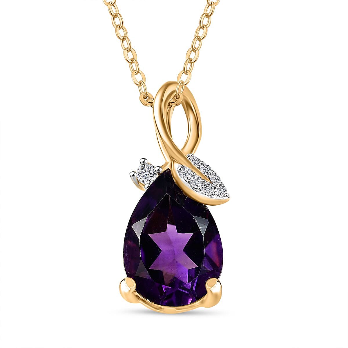 AAA African Amethyst & White Zircon Pendant with Chain (Size - 20) in 18K Vermeil Yellow Gold Plated Sterling Silver 1.85 Ct.