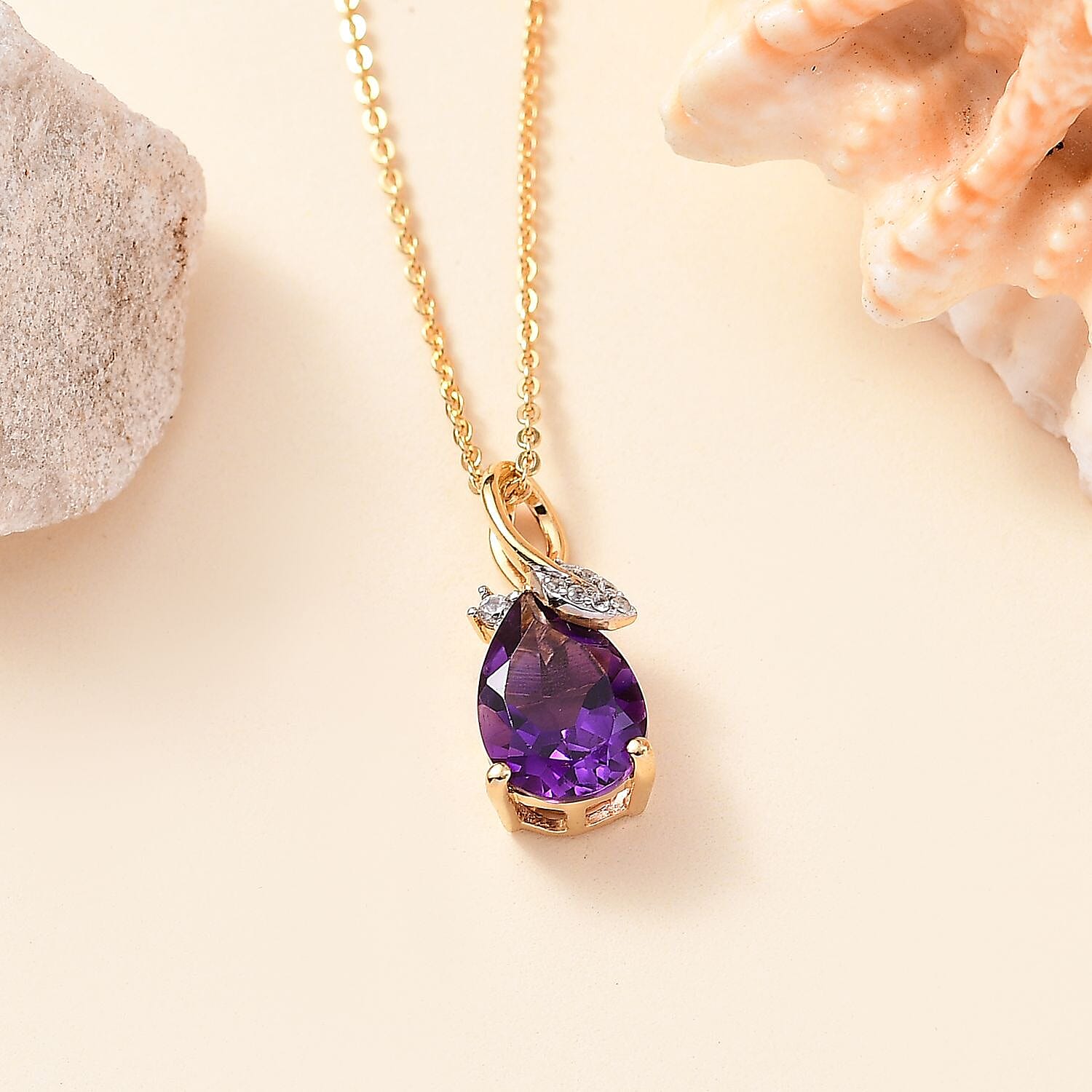 AAA African Amethyst & White Zircon Pendant with Chain (Size - 20) in 18K Vermeil Yellow Gold Plated Sterling Silver 1.85 Ct.