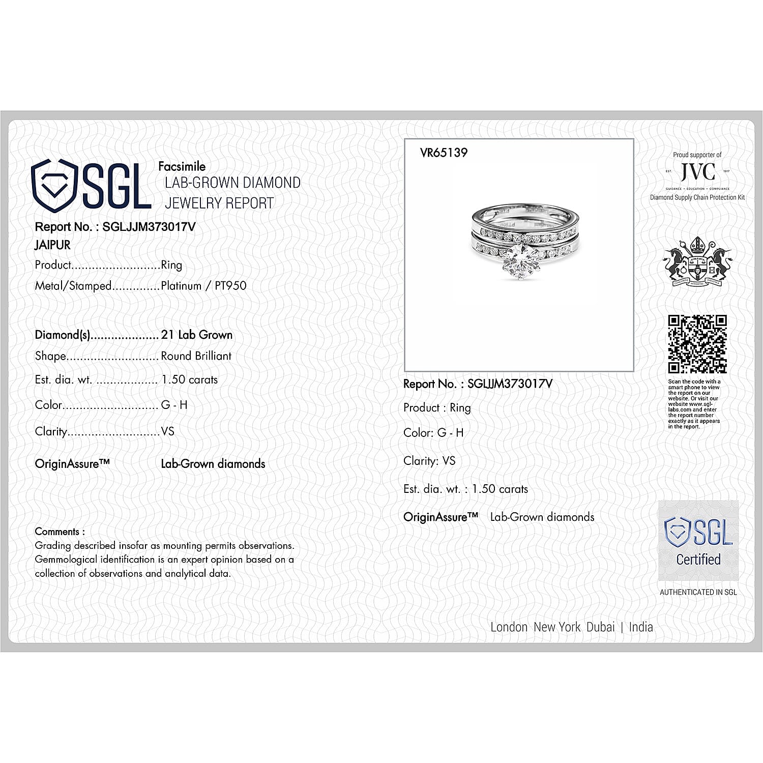 Set of 2 - 950 Platinum SGL Certified (VS-G-H) Lab Grown Diamond Ring 1.50 Ct, Platinum Wt. 8.40 Gms. Set of 2 - 950 Platinum SGL Certified (VS-G-H) Lab Grown Diamond Ring 1.50 Ct, Platinum Wt. 8.40 Gms.