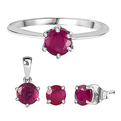 3 Piece Set - African Ruby Solitaire Stud Push Post Earring, Pendant and Solitaire Ring in Rhodium Overlay Sterling Silver 4.37 Ct.