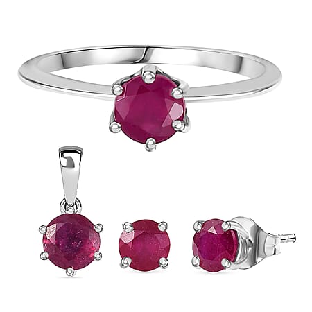 3 Piece Set - African Ruby Solitaire Stud Earring, Pendant and Solitaire Ring in Rhodium Overlay Sterling Silver 4.20 Ct. 3 Piece Set - African Ruby Solitaire Stud Earring, Pendant and Solitaire Ring in Rhodium Overlay Sterling Silver 4.20 Ct.