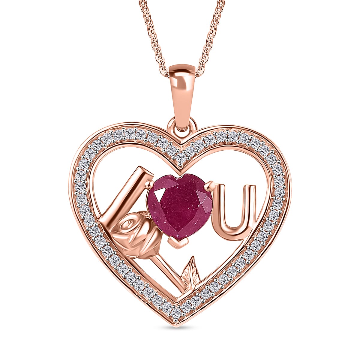 D'Joy African Ruby & White Zircon Heart Pendant with Chain (Size - 20) in 18K Vermeil Rose Gold Plated Sterling Silver 3.73 Ct.