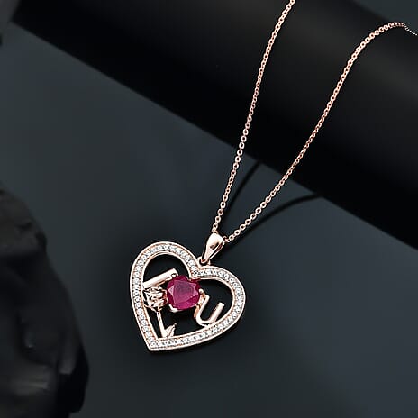 African Ruby & White Zircon Pendant with Chain (Size - 20) in 18K Vermeil Rose Gold Plated Sterling Silver 3.73 Ct.