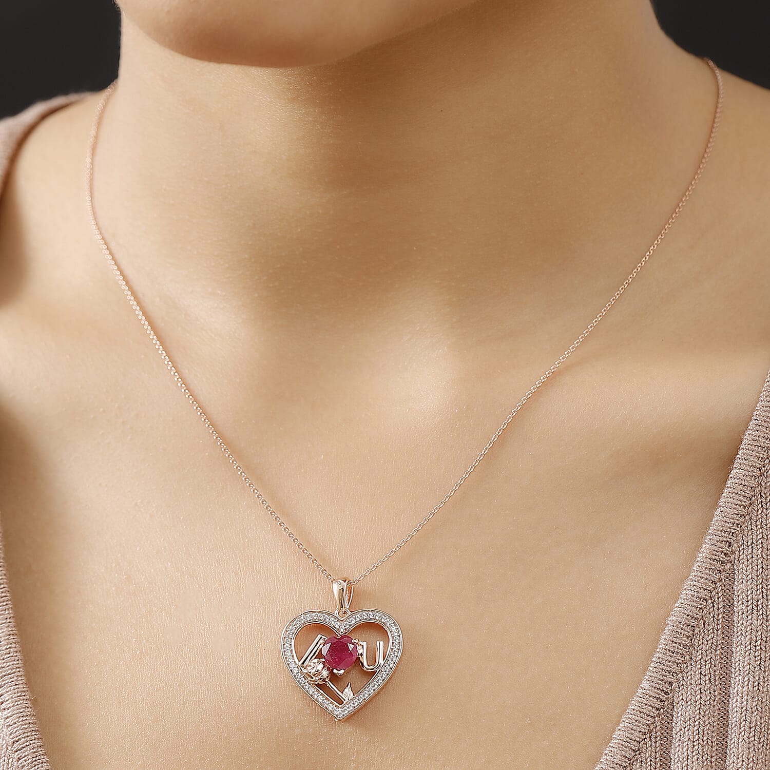D'Joy African Ruby & White Zircon Heart Pendant with Chain (Size - 20) in 18K Vermeil Rose Gold Plated Sterling Silver 3.73 Ct.