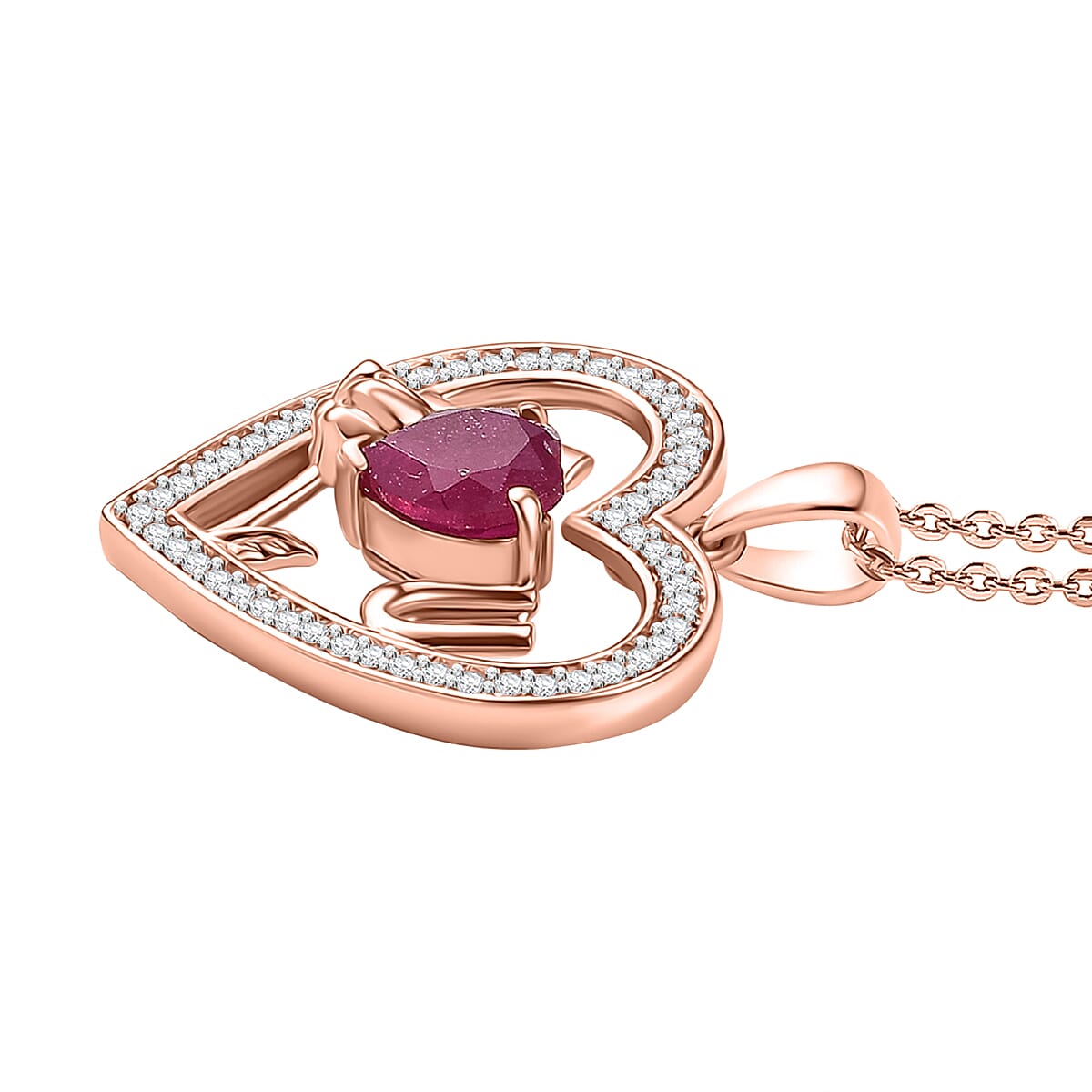 D'Joy African Ruby & White Zircon Heart Pendant with Chain (Size - 20) in 18K Vermeil Rose Gold Plated Sterling Silver 3.73 Ct.